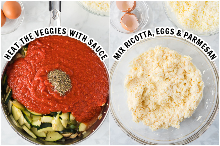 Two photos with vegetables and sauce and one with cheese mixture. 