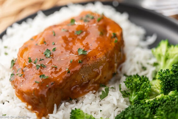 Close up of a pork chop over rice 