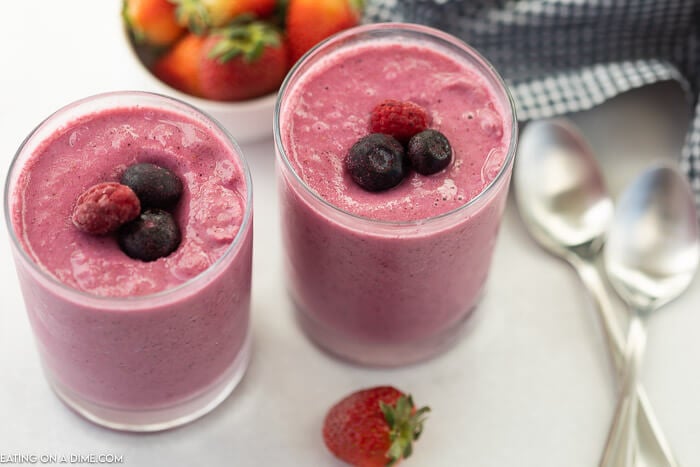 closeup of 2 glasses with smoothies.