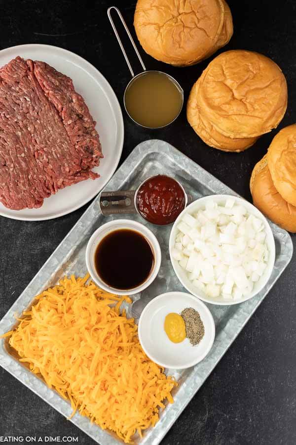 picture of ingredients: buns, ground beef, broth, onion, cheese, seasoning, ketchup.