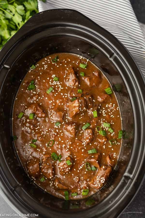 Slow cooker with beef teriyaki. 