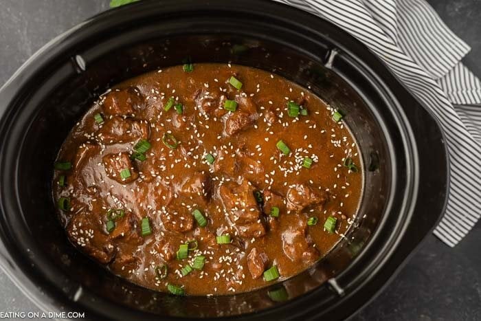 photo of crockpot with beef teriyaki.