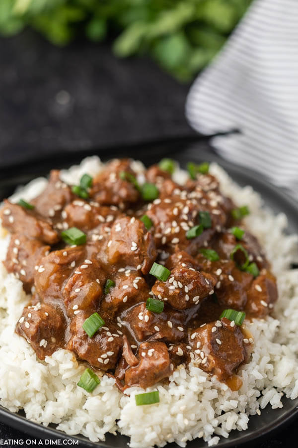 Close up of beef teriyaki over rice on a plate.