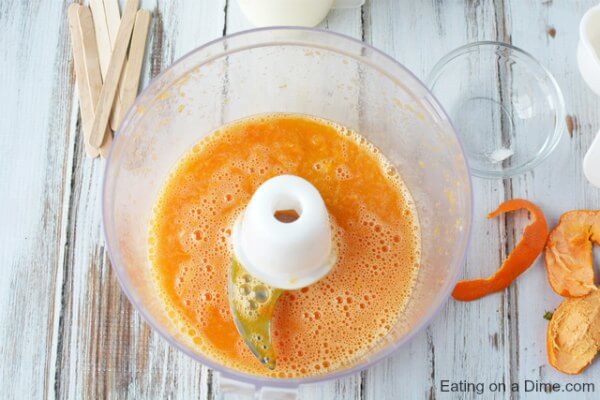 Orange juice, oranges and sugar mixed together in the food processor. 