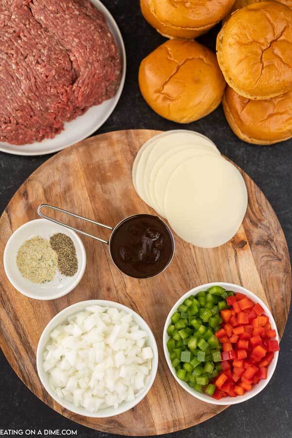 Ingredients to make Philly Cheesesteak sloppy joes 