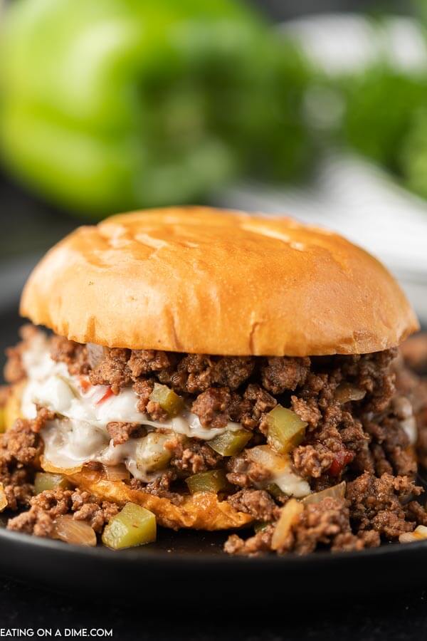 Philly Cheesesteak Sloppy Joes on a black plate 