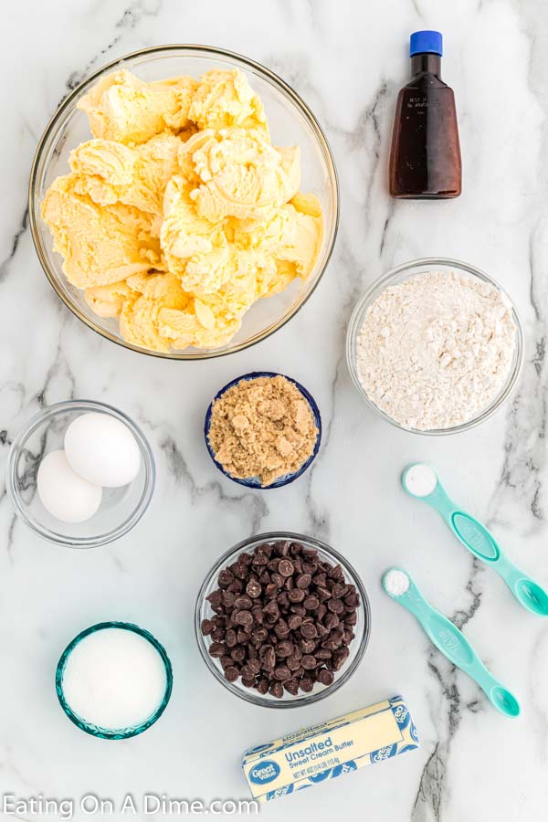 Ingredients needed - flour, baking soda, brown sugar, sugar, eggs, unsalted butter, chocolate chips, vanilla, salt and ice cream