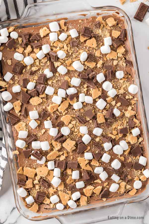 Close up image of s'mores cake in a 9x13 pan. 
