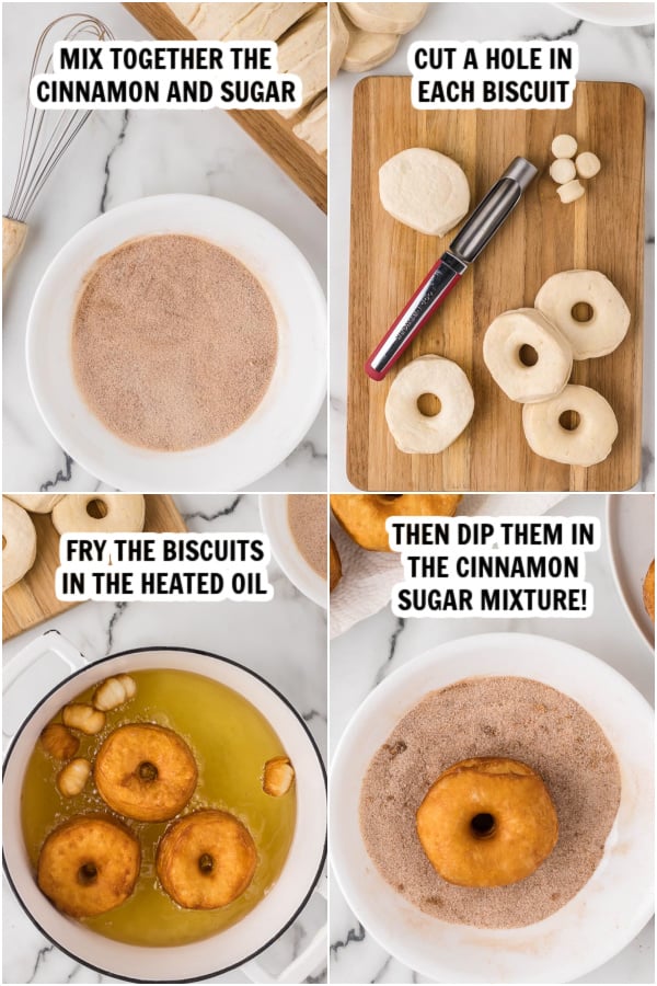 4 photos of process of making donuts and coating in topping. 