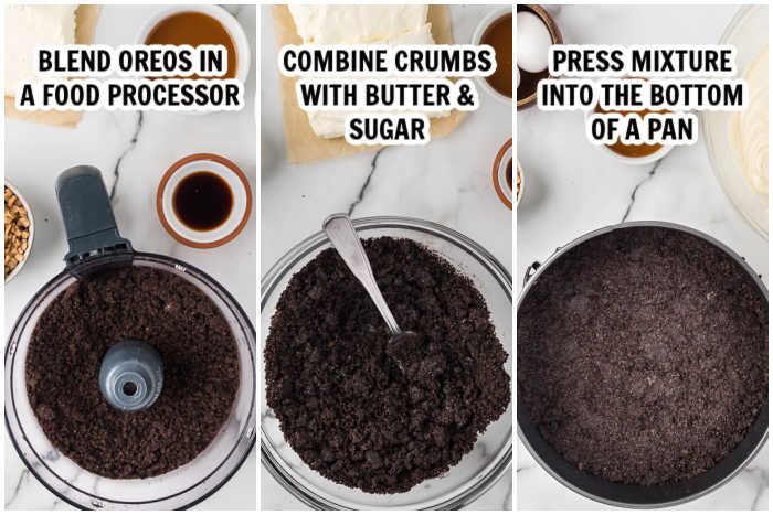 Photos showing how to make the Oreo crust for this recipe. 