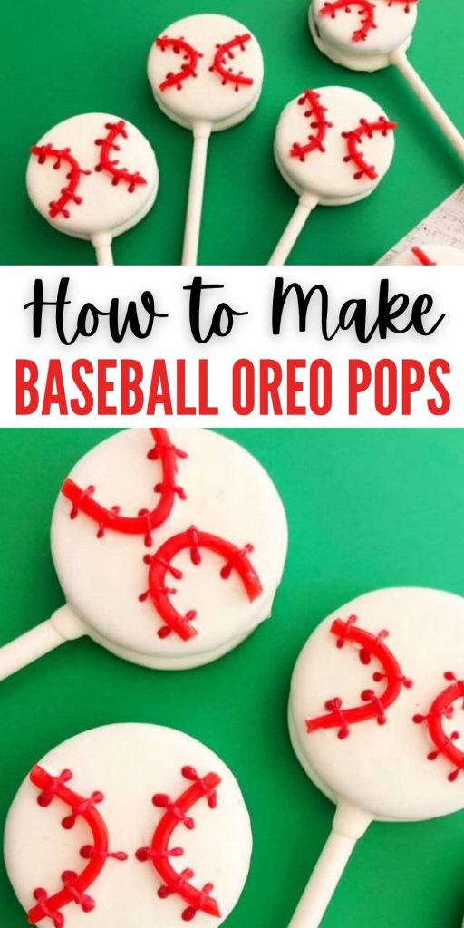 Baseball cookies are easy to make! These easy baseball oreo pops will be the hit of your next party. Learn how to make baseball oreos.  The entire family will love these baseball pops that are delicious and easy to make too! #eatingonadime #cookies #cookierecipes #oreorecipes #baseballrecipes 
