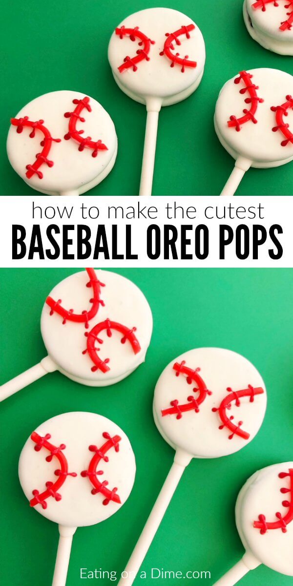 Baseball cookies are easy to make! These easy baseball oreo pops will be the hit of your next party. Learn how to make easy baseball oreos on a stick. Everyone loves these DIY baseball chocolate covered Oreos.  They are perfect to watch a game or for a birthday party! #eatingonadime #baseballdesserts #oreodesserts #chocolatedesserts 
