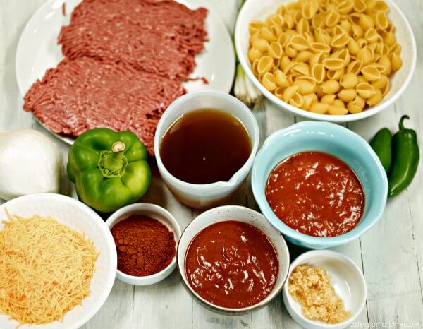 Close up image of ingredients for taco pasta. 