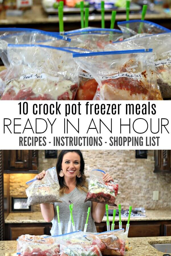 Have you been wanting to try freezer cooking? You can now make 10 crock pot freezer meals in just an hour! Plus, you will never have to menu plan again! Check out these easy make ahead meals that will save you a ton of time, money and sanity in the kitchen! #eatingonadime #crockpotrecipes #freezermeals #freezercooking 
