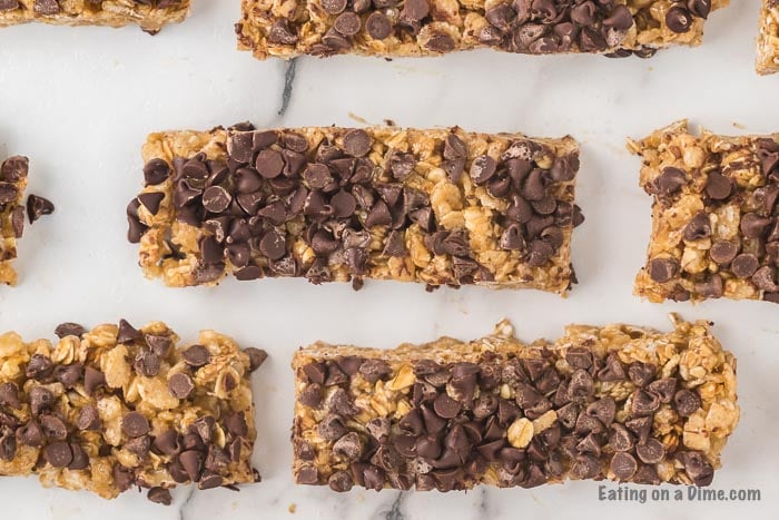 Close up image of homemade chocolate chip granola bars. 