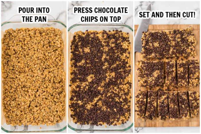 Process of pressing granola mixture in the pan. 