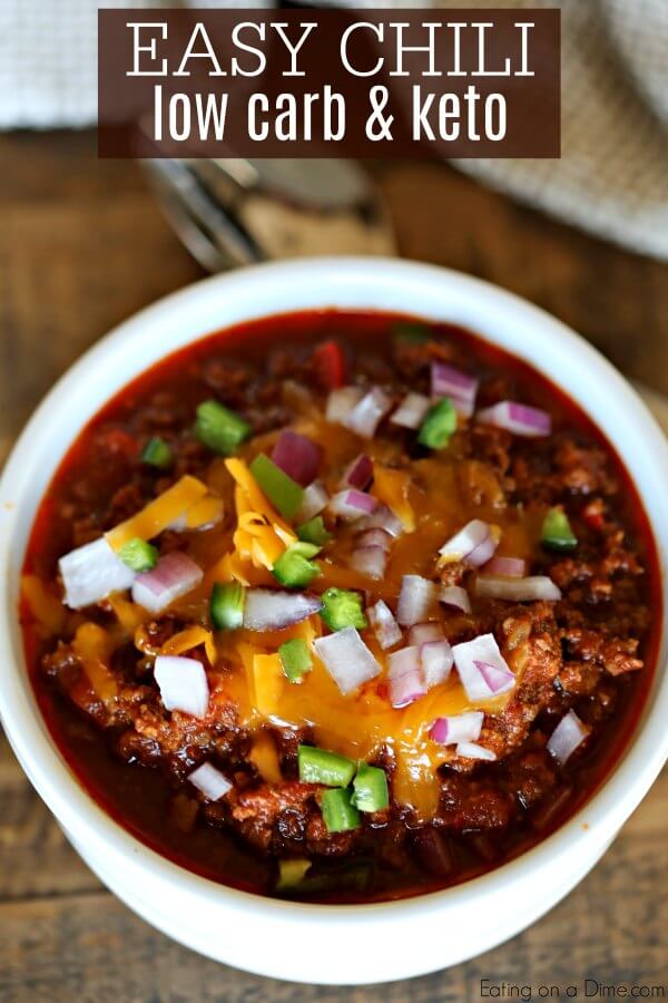 easy keto chili recipe in bowl with onions, jalapenos and cheddar cheese