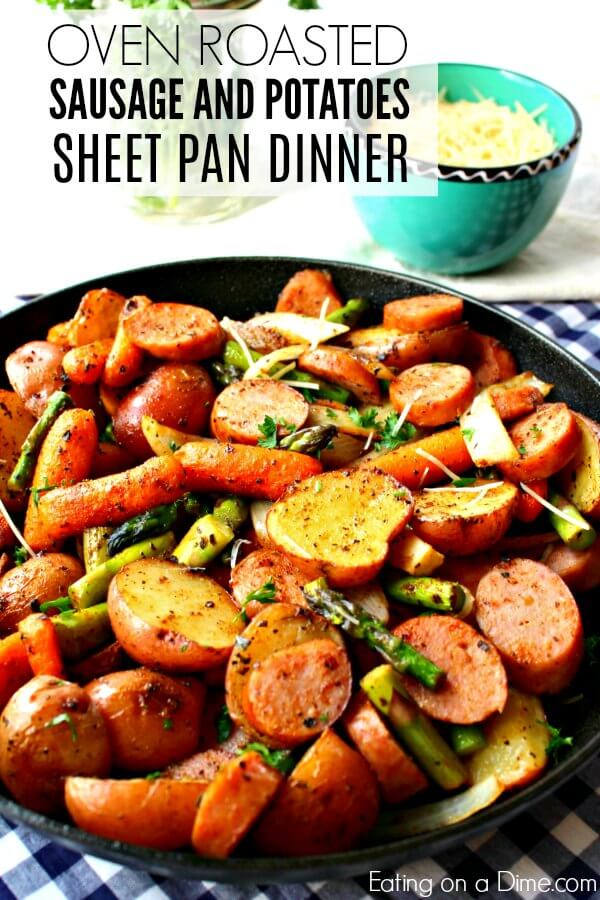 Do you need a simple dinner idea? Oven Roasted Potatoes & Sausage Sheet Pan Dinner is a complete meal in one pan. Clean up is easy and the meal is so tasty.