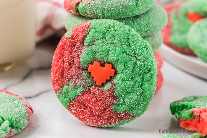 Close up image of Grinch cookies. 