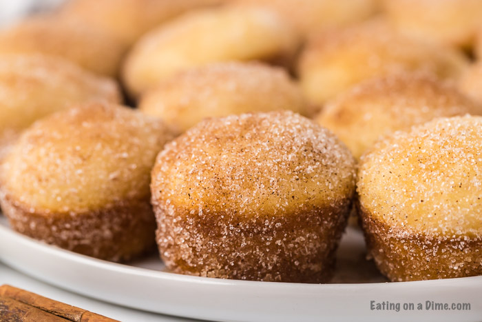 Close up image of mini donut muffins on a plate. 