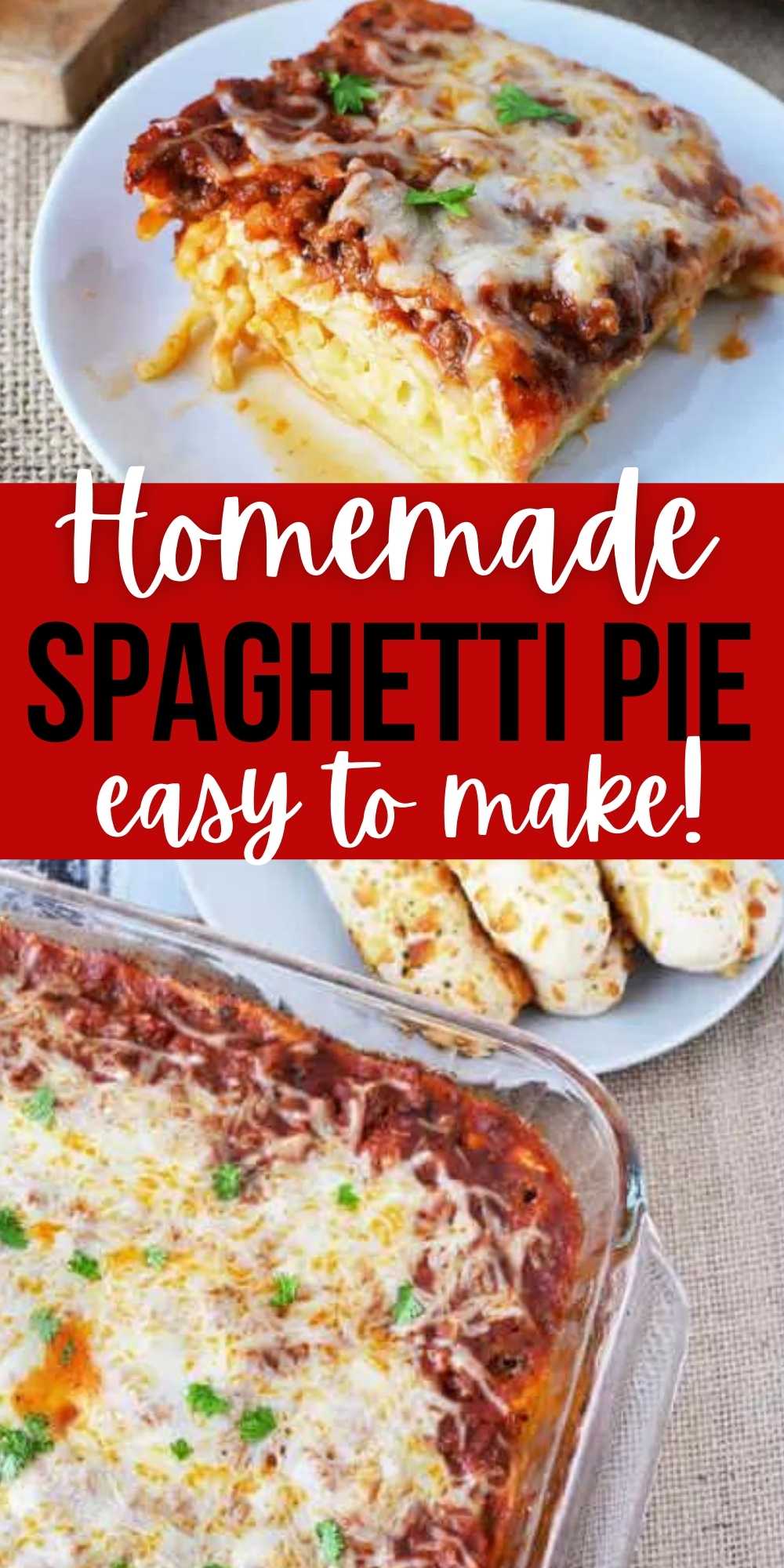 Easy Spaghetti Pie Recipe is loaded with cheesy layers and hearty meat sauce. It is easy to make, freezer friendly and can feed a crowd.You will love this spaghetti casserole that can be Madde with ricotta cheesed or cottage cheese! #eatingonadime #spaghettirecipes #casserolerecipes #beefrecipes 
