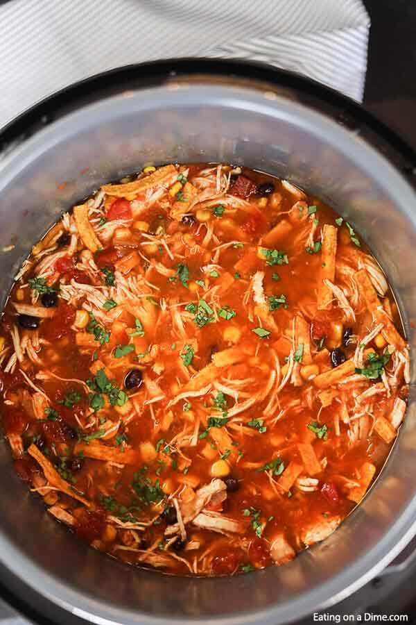 Close up image of chicken tortilla soup in a instant pot. 