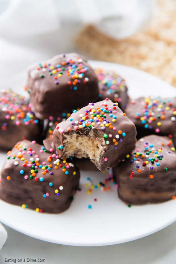 platter of chocolate covered rice krispies treats