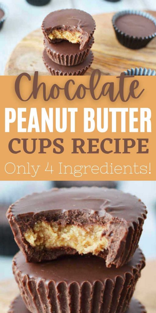 Everyone will love this Chocolate Peanut Butter Cups Recipe. Peanut butter and chocolate fans will go crazy over Easy Chocolate peanut butter cups with only 5 ingredients. Yummy! This is the best no bake dessert recipe.  #eatingonadime #peanutbutterrecipes #chocolaterecipes #nobakedesserts #candyrecipes 

