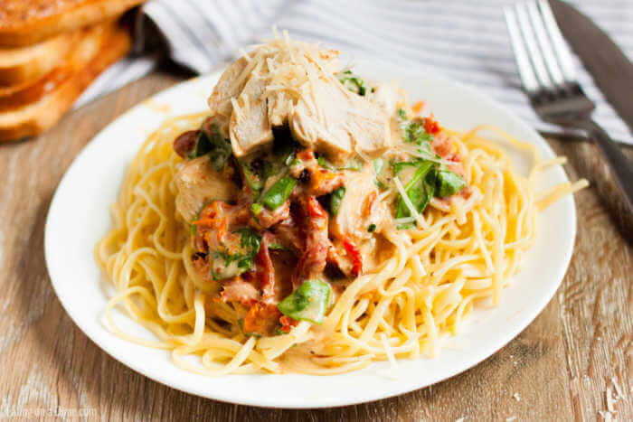 Close up image of a plate of Creamy Tuscan Chicken on pasta. 