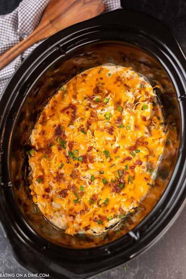 closeup photo of crack chicken in slow cooker.