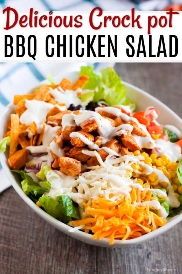 Let the slow cooker do all the work with this easy Crock Pot BBQ Chicken Salad Recipe. Lots of tender chicken, cheese, beans and more make this meal tasty.