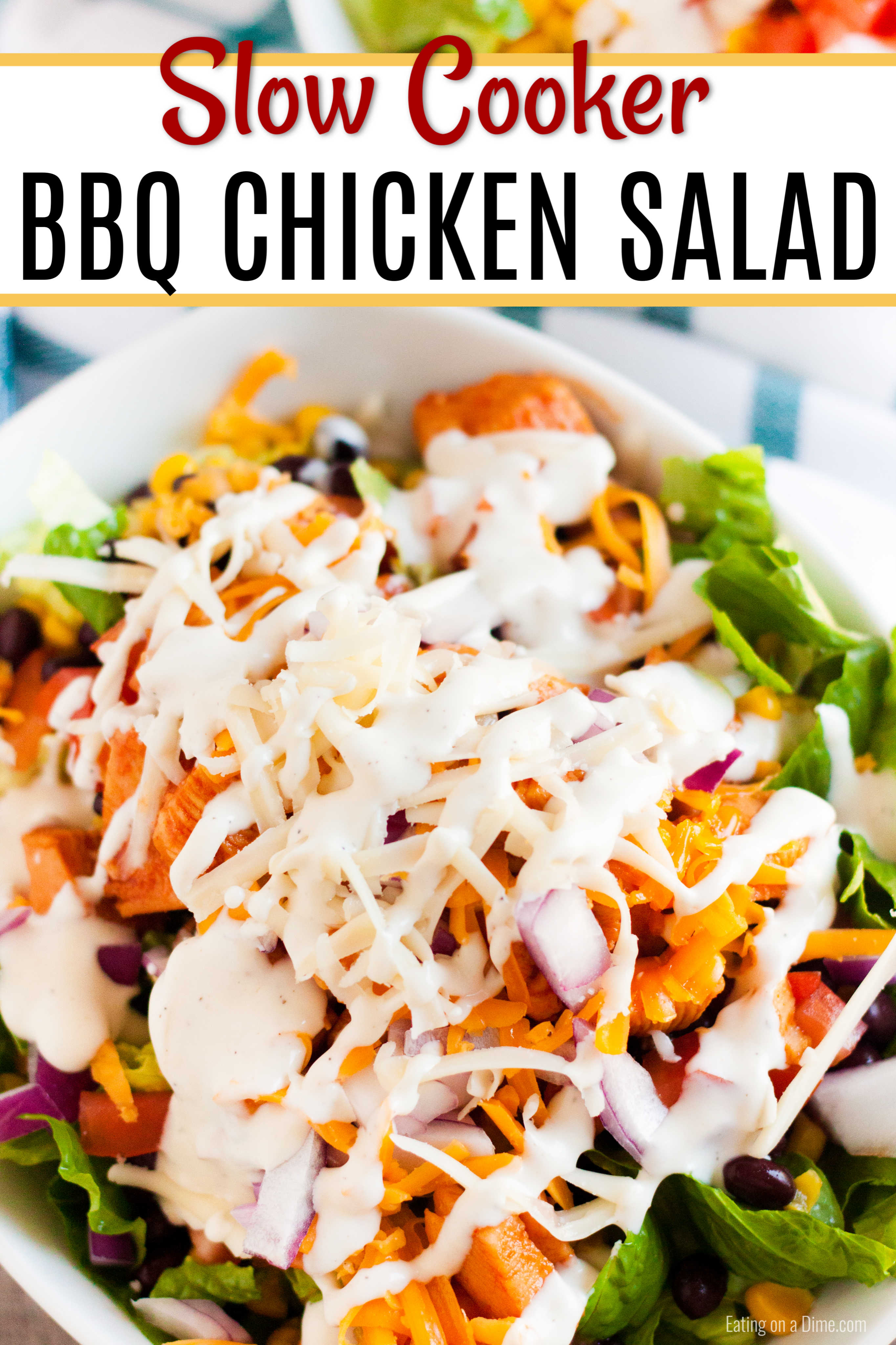 Let the slow cooker do all the work with this easy Crock Pot BBQ Chicken Salad Recipe. Lots of tender chicken, cheese, beans and more make this meal tasty.