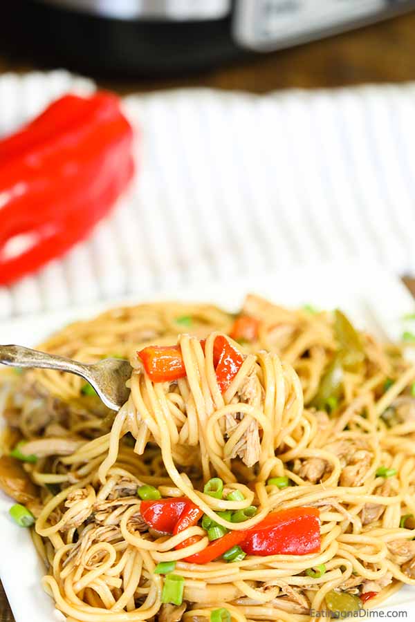Chicken Lo Mein on a plate with a serving on a fork