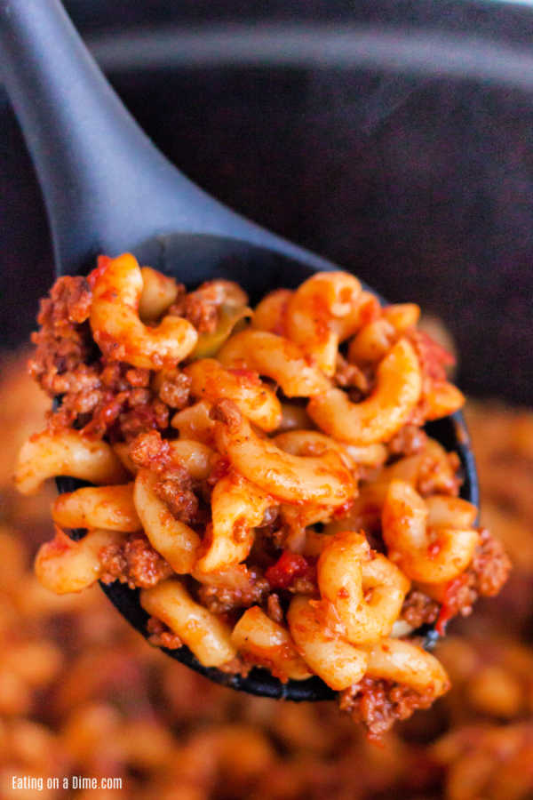 A serving of goulash on a spoon