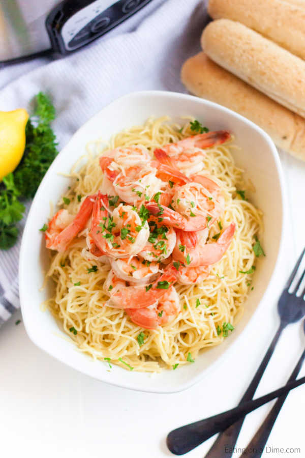 Shrimp Scampi with pasta in a large bowl