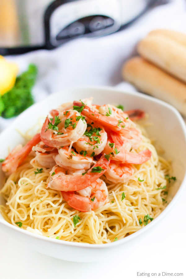 Shrimp Scampi with pasta in a large bowl