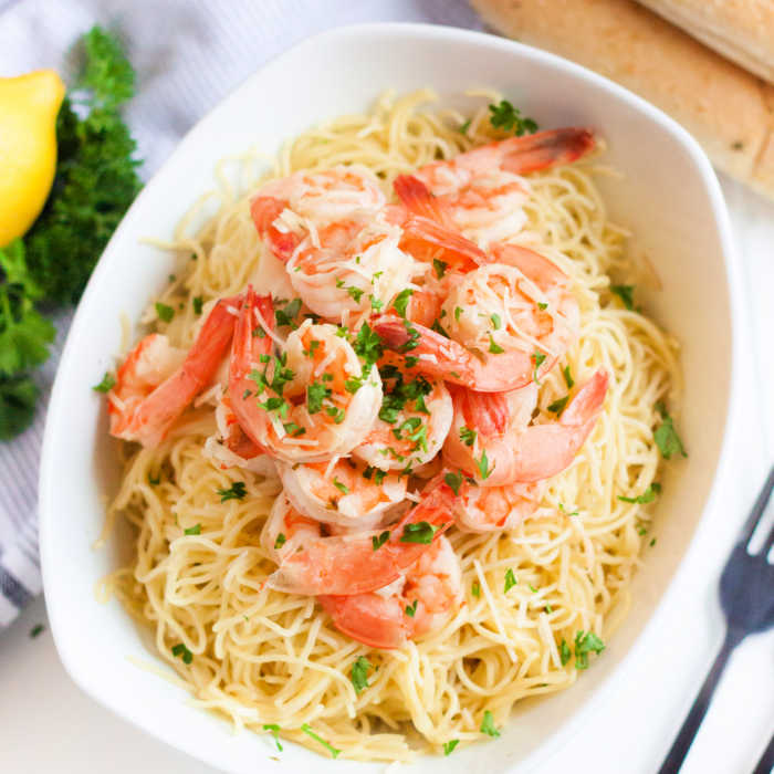 Shrimp Scampi with pasta in a large bowl