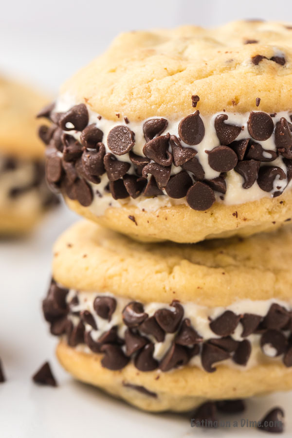 Close up image of two chocolate chip ice cream sandwiches. 