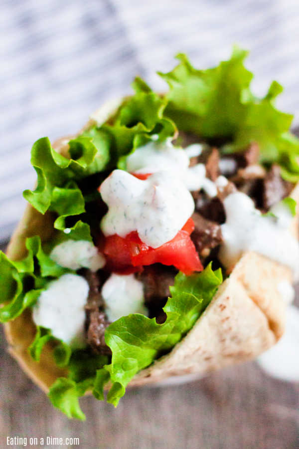 Beef Gyro wrapped in a pita with sauce and veggies