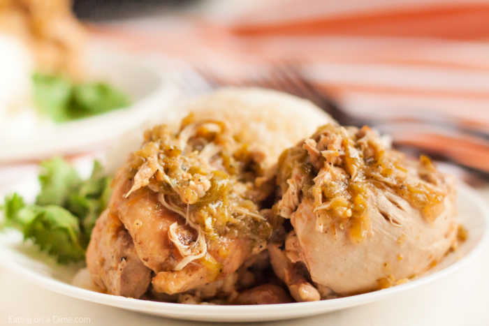 Close up image of salsa verde on a white plate.  