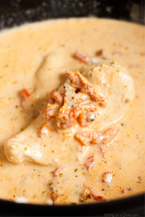 Close up image of Tuscan Chicken in the crock pot.