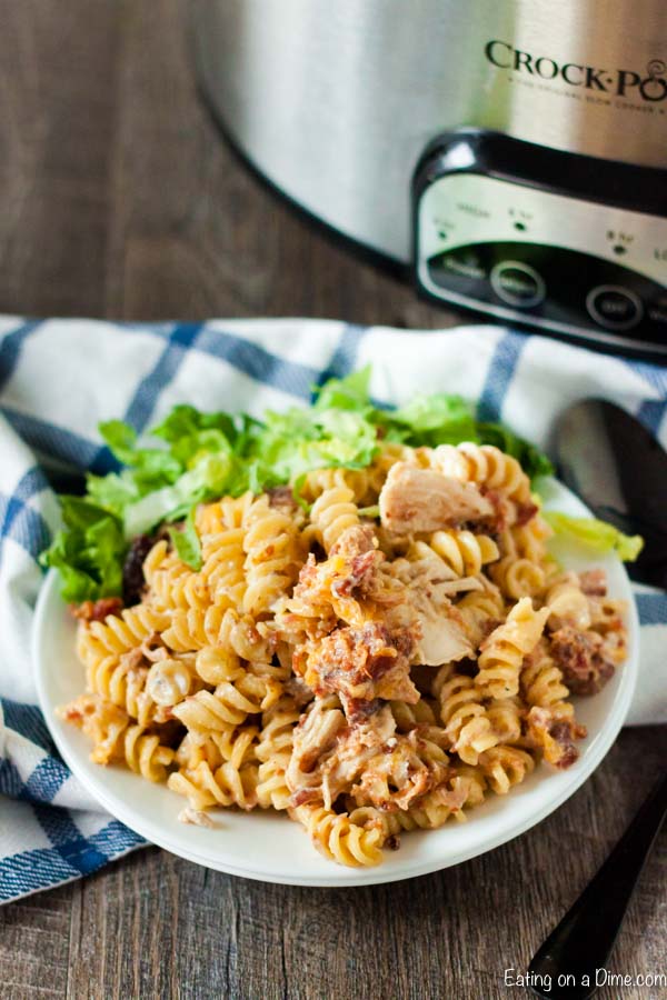 Crock Pot Chicken Bacon Ranch Pasta Recipe is a one pot meal with tons of bacon, cheese and more. This meal is so easy to make and perfect for busy weeks.