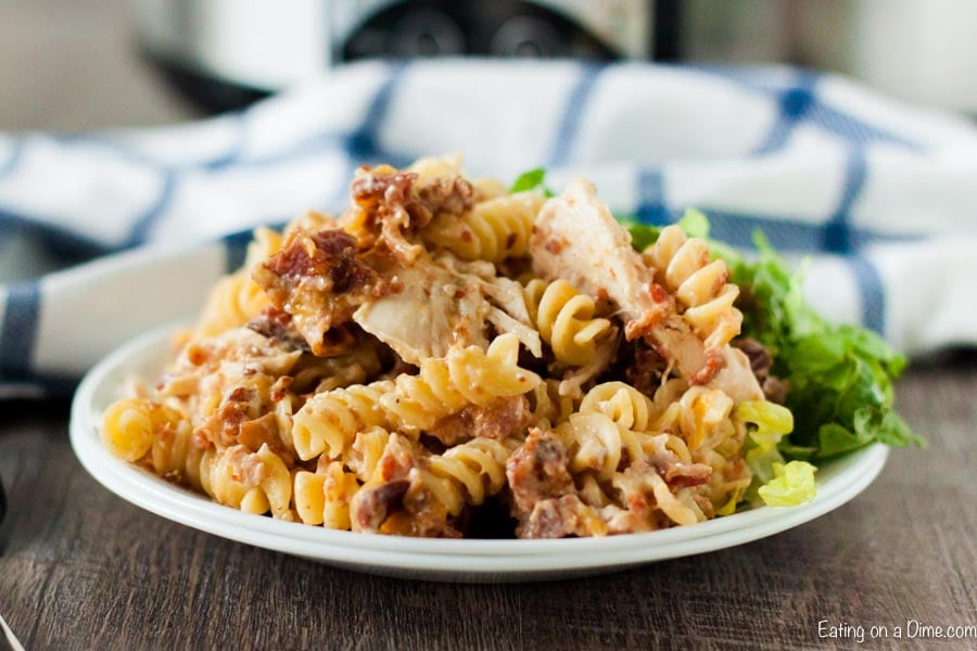 Crock Pot Chicken Bacon Ranch Pasta Recipe is a one pot meal with tons of bacon, cheese and more. This meal is so easy to make and perfect for busy weeks.