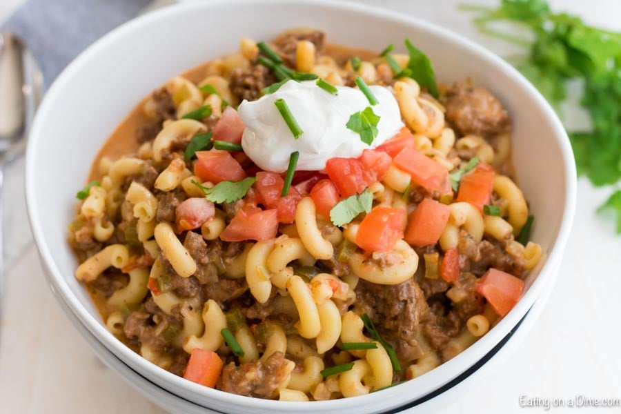 Crock pot beef taco pasta in a bowl. 