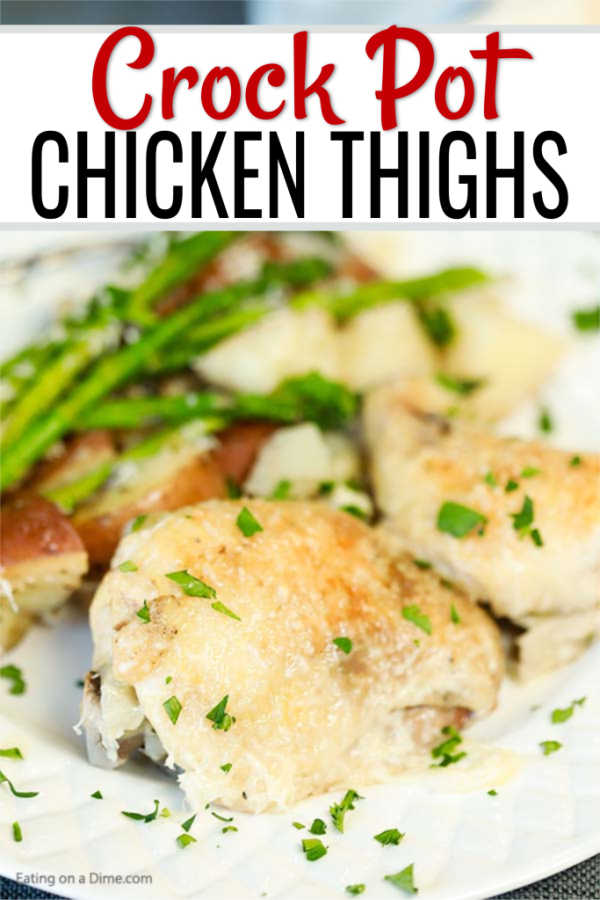 Make Slow Cooker Garlic Parmesan Chicken Thighs Dinner for a meal your family will love. Flavorful chicken thighs, potatoes and more make a delicious meal.