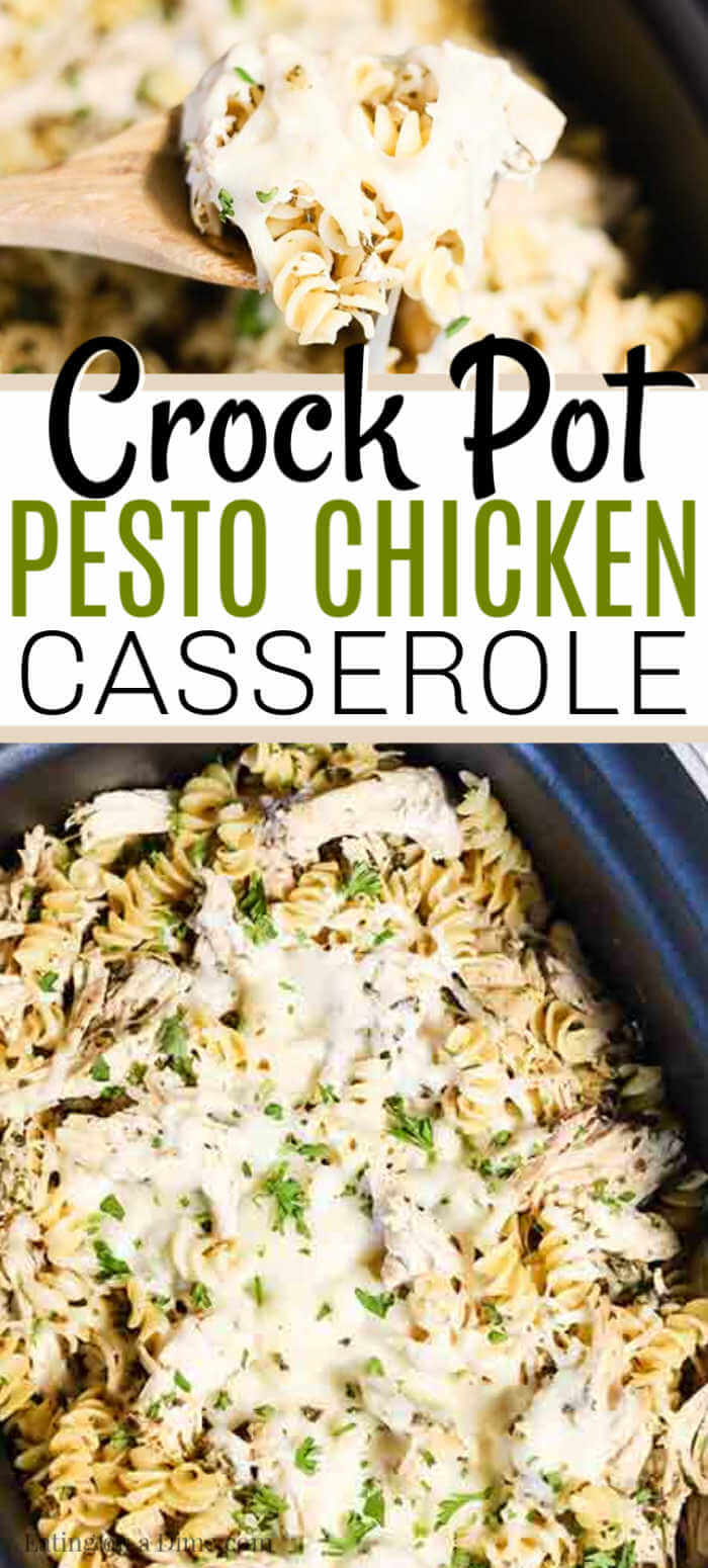 With very little prep work, Crock pot Pesto Chicken Pasta Casserole comes together quickly. Tender chicken, pesto and more combine for a flavorful meal.