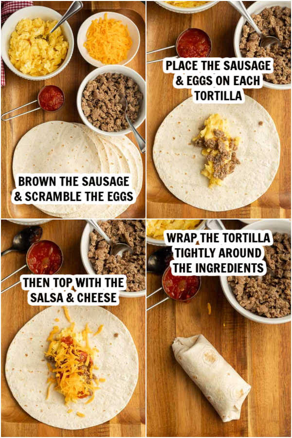 The process of assembling breakfast burritos. 