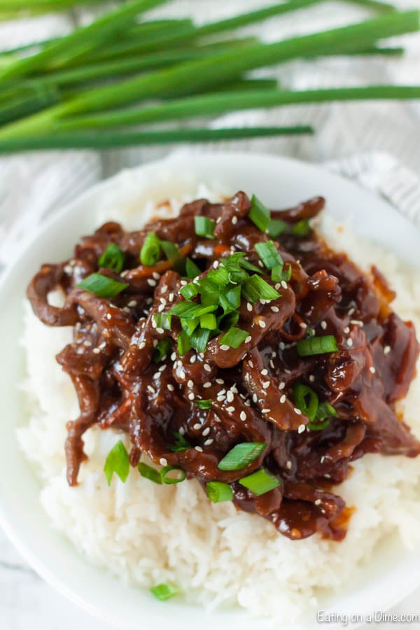 Close up image of Mongolian Beef on white rice with green onions in the background. 