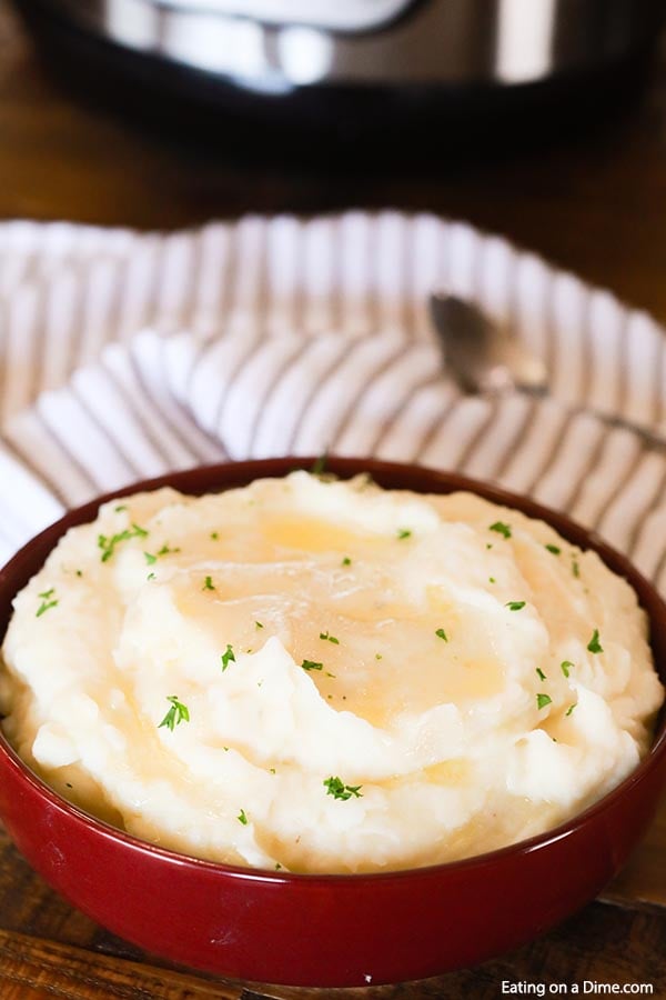 Close up image of mashed potatoes in a red bowl. 