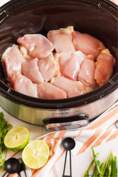 Close up image of uncooked chicken in a crock pot. 